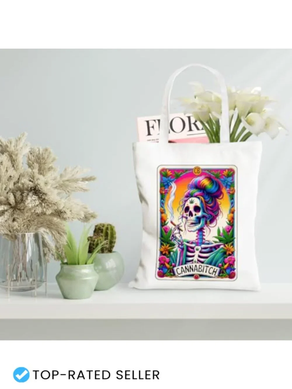 Reusable Canvas Tote Bag with Funny Skull Tarot Card Design, Polyester Cotton,